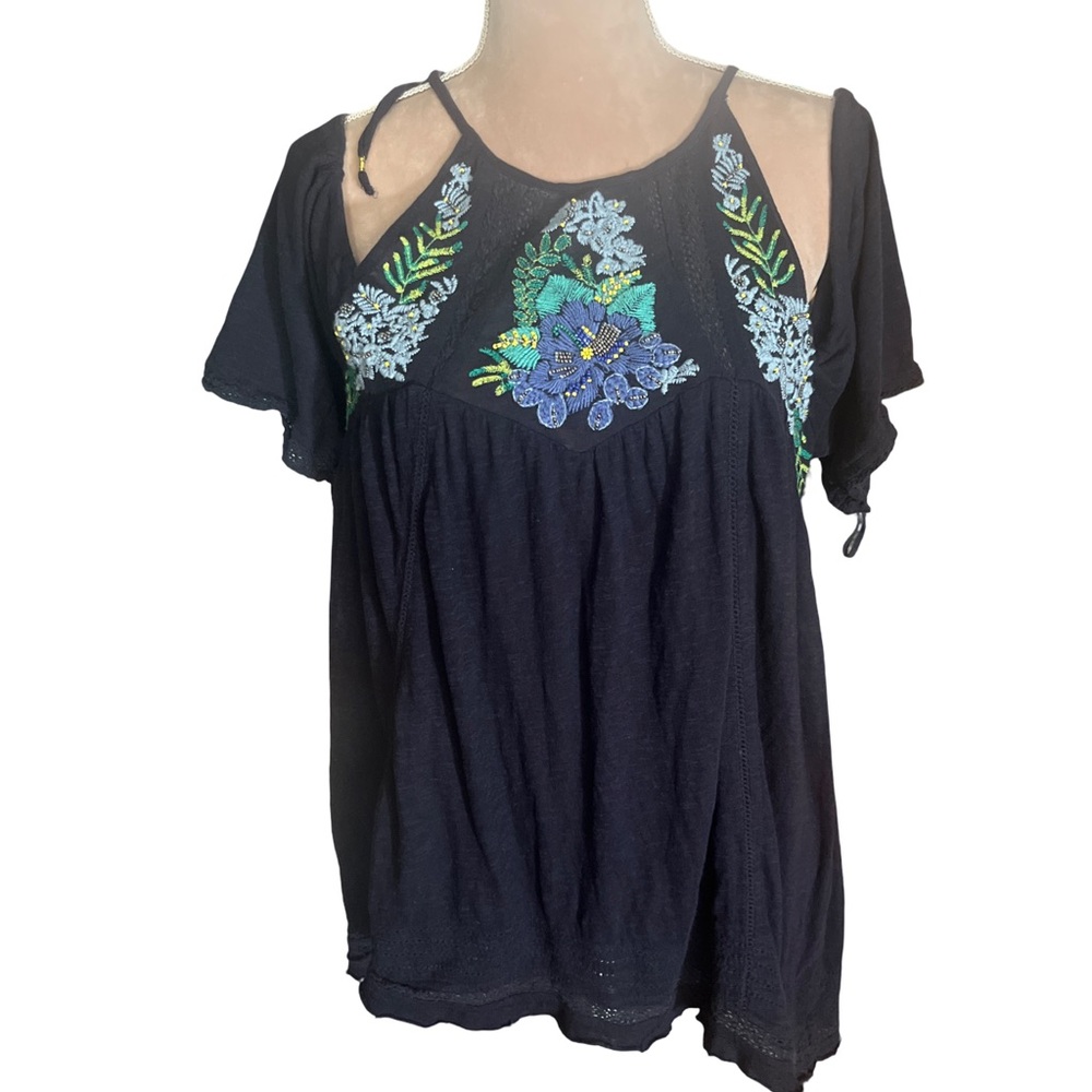 Free People Women’s Fast Times Navy Too with Floral Embroidery and Beading - Picture 5 of 15
